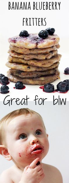 a baby eating blueberry pancakes with the caption, great for blvd