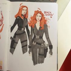 a drawing of two women in black widow suits, one with red hair and the other without