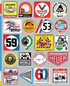 various stickers and decals are shown on a gray background, including the number 53