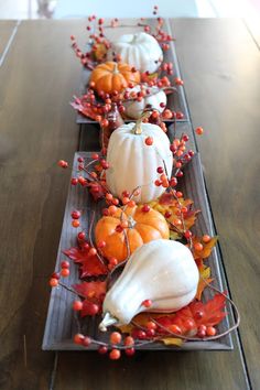 pumpkins, gourds and berries are arranged on a long metal platter