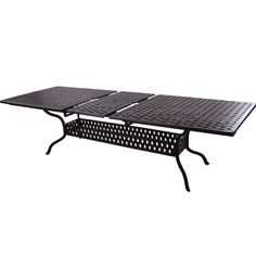 an outdoor table with four legs and a black plastic top, on a white background