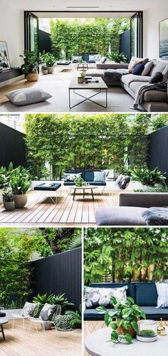 four different views of an outdoor living room with plants and couches in the foreground