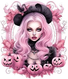 a woman with pink hair wearing a hat and pumpkins