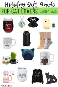 the holiday gift guide for cat lovers under $ 25 includes mugs, socks, and other items