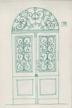 a drawing of a door with iron work on the front and side doors, in green ink