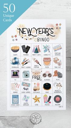 a new year's card with the words, 50 unique cards and pictures on it