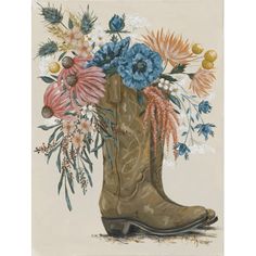 a painting of a boot with flowers in it