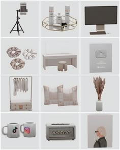 there are many different items on this white background, including coffee mugs and other things