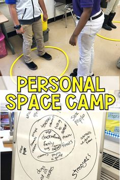 two young boys standing in front of a whiteboard with writing on it and the caption personal space camp