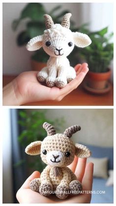 crocheted animals are shown in two different pictures