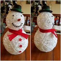 two pictures of a snowman made out of yarn