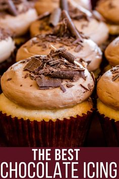 some cupcakes with frosting and chocolate chips on them