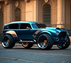 an old fashion car parked in front of a building