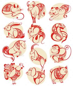 chinese zodiac signs with animals and birds in red ink on white paper, set of nine