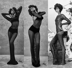 three women in fishnet bodysuits posing for the camera and one is holding her arms behind her head