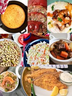 a collage of different foods including fish, rice, and other dishes with sauces