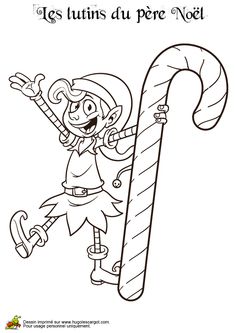 a cartoon character holding a candy cane in front of the words, jes lutins du per noel