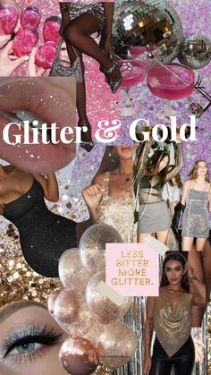 glitter and gold collage with women's clothing, shoes, and balloons in the background