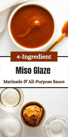 the ingredients for miso glaze in small bowls and spoons on a white surface