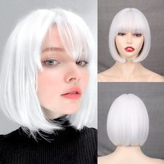 PRICES MAY VARY. Premium Wig Material: White bob wig is made of the best and most realistic synthetic heat-resistant fibers. Best white cosplay wig bob, natural and soft，no harm to skin and no smell. White bob wig with bangs make you more charming and sexy, it's a perfect hairstyle.Natural bob wig can be worn for a long time if you care regularly. Elegant white wig design makes you more beautiful and confident. Wig Style: Short white wig the most natural and realistic design. Short silver white White Bob Wig, White Bob, Wig Bangs, White Wig, Short Bobs With Bangs, Bob Wig With Bangs, Bangs Straight, Natural Wigs, Red Wigs