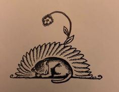 a drawing of a cat sleeping on top of a feathered animal with a flower in its mouth