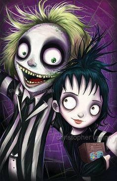 two cartoon characters with green eyes and black hair