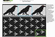 a cross stitch pattern with three black birds on the side and one green bird in the middle