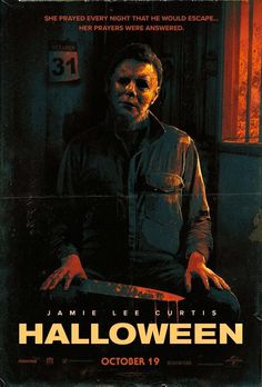 a movie poster for halloween with a man holding a knife in front of his face