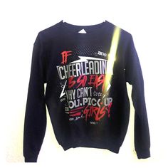 “If Cheerleading Is So Easy Why Can’t You Pick Up Girls?” Yl Fits Xs New Never Worn Black Cheer Sweater ( Reflective ) Cheer Sweater, Wearing Black, Cheerleading, Colorful Sweaters, Lady In Red, Crew Neck Sweater, Scoop Neck, Black And Red, Sweaters For Women