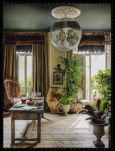 a living room filled with lots of potted plants next to a large glass ball hanging from the ceiling