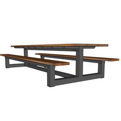 two wooden benches sitting next to each other on top of a metal frame bench table