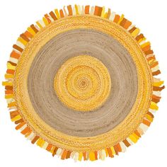 an orange and yellow circular rug with fringes on the bottom, in front of a white background