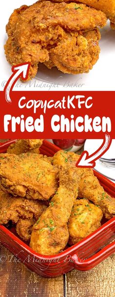 fried chicken in a red container with the words copycat kfc fried chicken