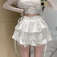 Lasaky - Pleated High-Waisted Skirt with Mesh Panel Design and Cake Skirt Details White Ruffle Mini Skirt, Pink Ruffle Skirt, Korean Fashion Cute, Layered Mini Skirt, Short Pollera, Rok Mini, Fluffy Skirt, Cake Skirt, Fairy Skirt