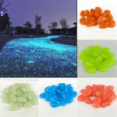 glow in the dark pebbles are shown with different colors and shapes, including blue, green,