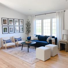 a living room filled with furniture and pictures on the wall