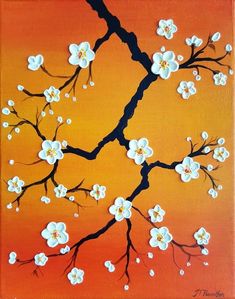 an orange and yellow painting with white flowers on the tree branch in front of it