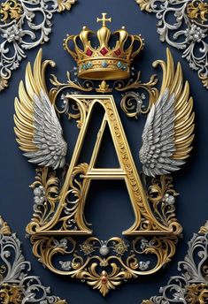 the letter a is surrounded by ornate gold and silver wings with a crown on top