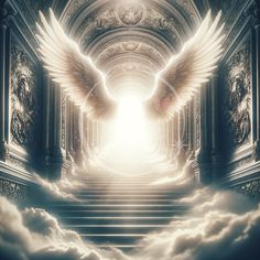 an image of angel wings in the sky above some stairs with clouds and light coming from them