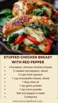 the recipe for stuffed chicken breast with red peppers and spinach is shown in this poster