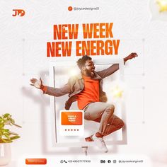 a man in an orange shirt is dancing with his arms spread out and the words'new week, new energy'are above him