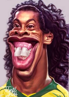 a caricature of a smiling soccer player with his mouth open and tongue out