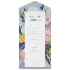 a wedding card with flowers on it and the words, errin & andrew