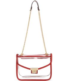 From Landry&#x2C; the Clear Lock Crossbody Bag features: PU/PVC/ManmadeTurn-lock closureLight gold hardware finishApprox. 9" x 3" x 7" bag; 23" adjustable crossbody strap Imported. Red Bags With Clear Strap For Everyday Use, Trendy Red Bags With Clear Strap, Red Rectangular Bag With Clear Strap, Red Bag, Clear Bag, Clear Bags, Dillard's, Kate Spade Crossbody, Crossbody Strap