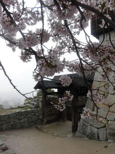 a stone building with pink flowers growing on it's roof and trees in the foreground