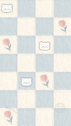 a checkerboard pattern with flowers and teddy bears on the side, in pastel colors