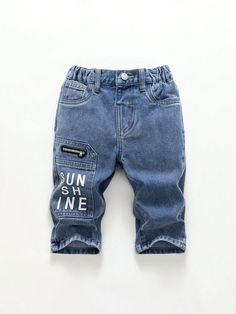 Medium Washed Blue Printed Loose Fit Denim Shorts For Young Boy Medium Wash    Denim Letter,Plain Straight Leg Non-Stretch  Young Boys Clothing, size features are:Bust: ,Length: ,Sleeve Length: Loose Fit Denim, Breast Tape Lift, Okie Dokie, Printed Sleeveless Top, Elegant Dresses Long, Women Midi, Boys Jeans, Dungarees