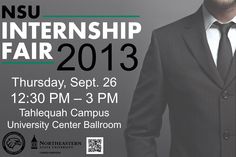 a man in a suit and tie standing next to a microphone with the words nsu internship fair 2013 on it