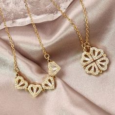 Gold Four Leaf Clover Magnetic Folding Heart Crystal Pendant Necklace- Elegant Magnetic Necklace, Romantic Necklace, Four Leaf Clover Necklace, Heart Shaped Necklace, Clover Necklace, Gold Heart Necklace, Pretty Necklaces, Silver Heart Necklace, Leaf Necklace