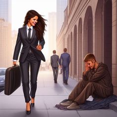 a woman in a suit is sitting on the ground next to a man with a briefcase